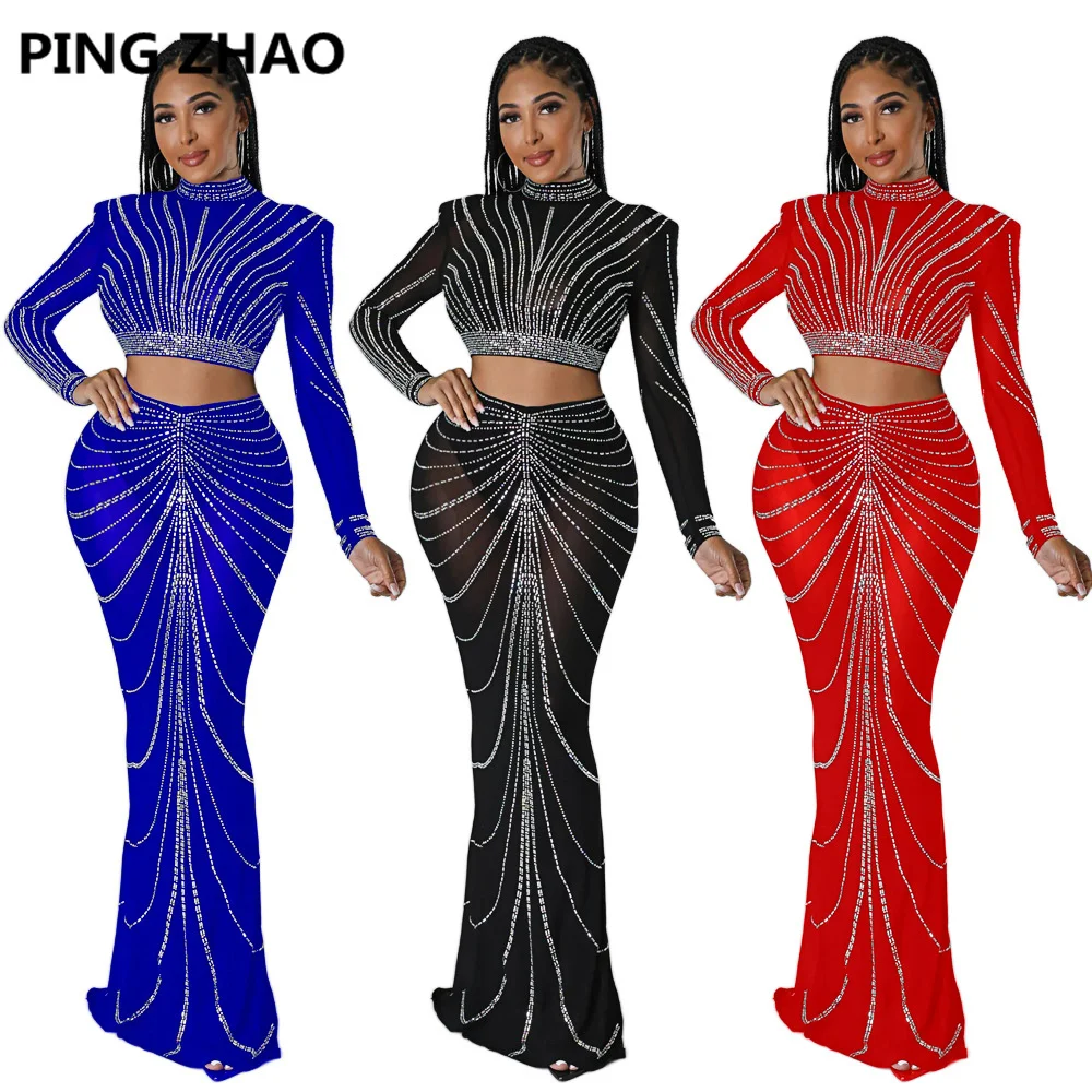 Sexy Mesh Hot Drilling See Through Skirt Set Women Crystal Long Sleeve Top And Maxi Skirt Suits Clubwear Outfits
Sexy Mesh Hot Drilling See Through Skirt Set Women Crystal Long Sleeve Top And Maxi Skirt Suits Clubwear Outfits