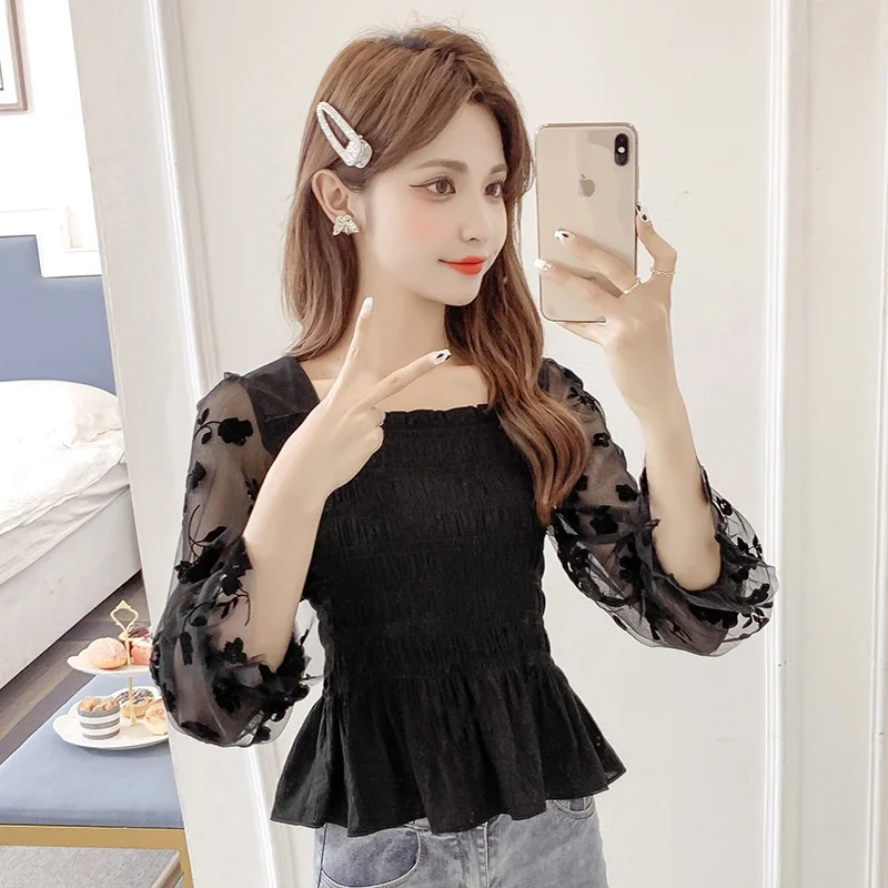 Женская короткая блузка с высокой талией, квадратная блузка с рукавом три четверти и высоким воротником, одежда для женщин, топы, рубашки, блузки, лето 2023
Женская короткая блузка с высокой талией, квадратная блузка с рукавом три четверти и высоким воротником, одежда для женщин, топы, рубашки, блузки, лето 2023