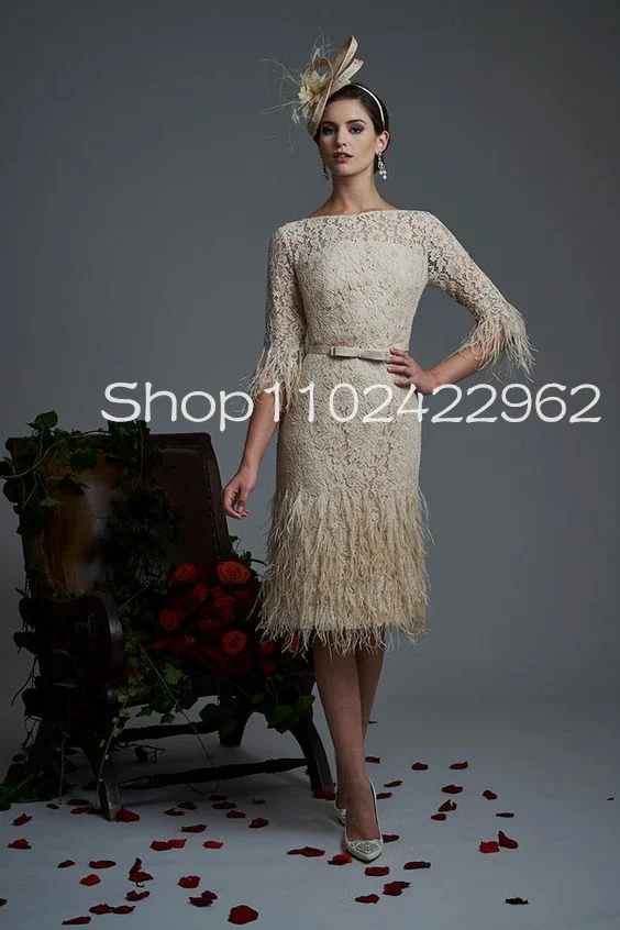 Beige Ivory Sheath Mother of the Bride Groom Dresses With Half Sleeve Lace Floral Feather Short Wedding Guest Party Gown
Beige Ivory Sheath Mother of the Bride Groom Dresses With Half Sleeve Lace Floral Feather Short Wedding Guest Party Gown