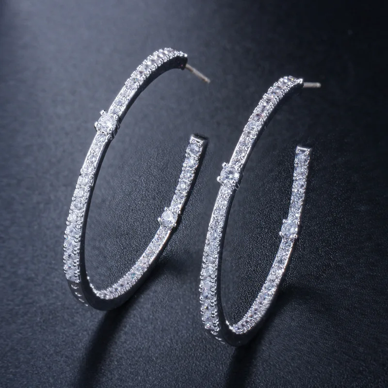 Fashion Ladies Loop Round Circle Micro Pave Cubic Zirconia Crystal Big Hoop Earrings Silver Plated Jewelry Gift 
Fashion Ladies Loop Round Circle Micro Pave Cubic Zirconia Crystal Big Hoop Earrings Silver Plated Jewelry Gift