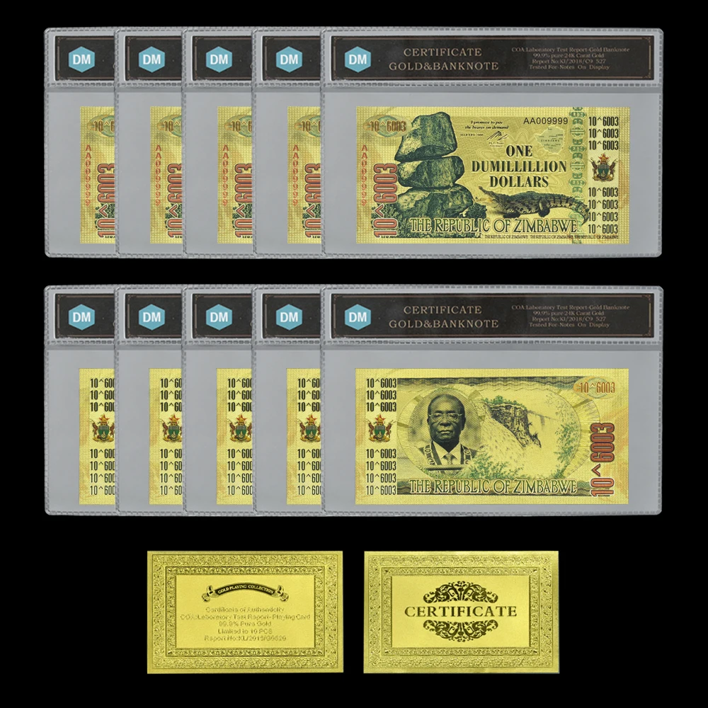 10pcs/lot New Zimbabwe One Dumillillion Dollars Zimbabwe Gold Foil Banknotes Fake Money with Plastic Card Holder Business Gifts
10pcs/lot New Zimbabwe One Dumillillion Dollars Zimbabwe Gold Foil Banknotes Fake Money with Plastic Card Holder Business Gifts