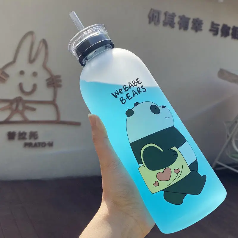 

Милая чашка в виде медведя панды, 1000 мл, бутылки для воды с соломинкой, прозрачная мультяшная бутылка для воды, посуда для напитков, матовый г...