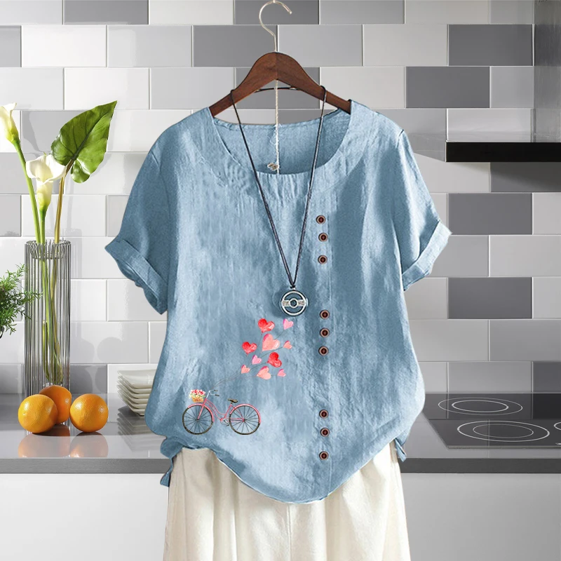 2022 Summer Ladies Loose Blouse Personality Elegant Bike Graphic Round Neck T-shirt Linen Solid Color Short Sleeve Tops XS-5xl
2022 Summer Ladies Loose Blouse Personality Elegant Bike Graphic Round Neck T-shirt Linen Solid Color Short Sleeve Tops XS-5xl