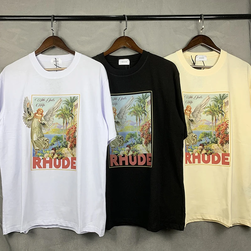 

Letter Printing Logo Rhude Short Sleeve Men Women 1:1 Angel With Gods Tees Casual Loose T-shirts Black White Apricot RHUDE Tops