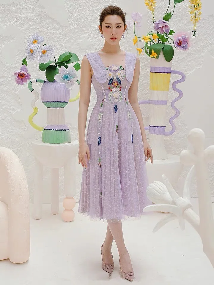 

2023 летнее вьетнамское длинное платье с вышивкой и трехмерными цветами из сетчатого бисера на бретелях, платье, Макси-платья для женщин