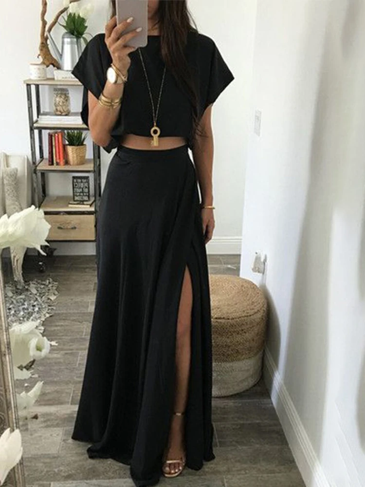 High Skirt Set Women's Fashion Two-piece Sets with Crop Tops T Shirt and High Slit Long Skirt Black Chic Pullover Summer Outfits
High Skirt Set Women's Fashion Two-piece Sets with Crop Tops T Shirt and High Slit Long Skirt Black Chic Pullover Summer Outfits