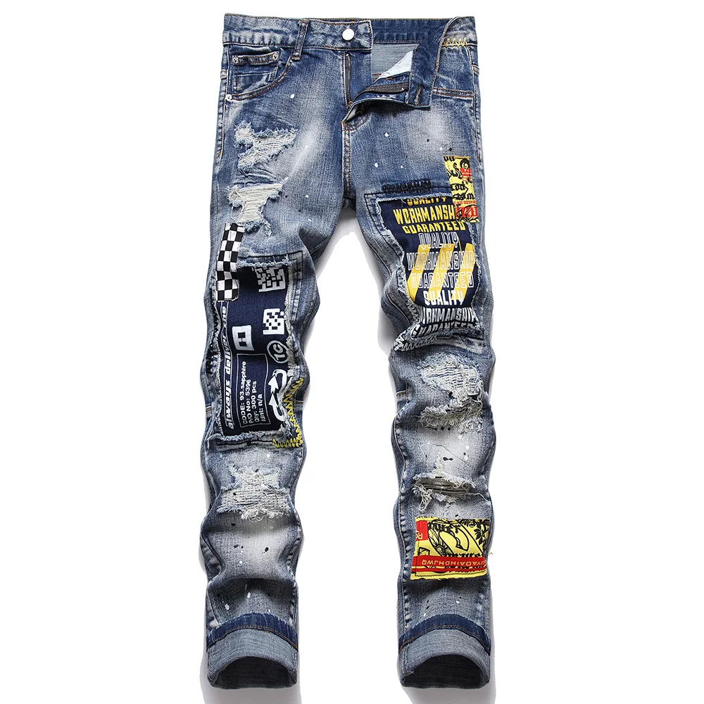 

Men Patchwork Ripped straight Jeans Check Plaid Print Patch Stretch Denim Pants Slim Tapered Distressed Trousers top quality