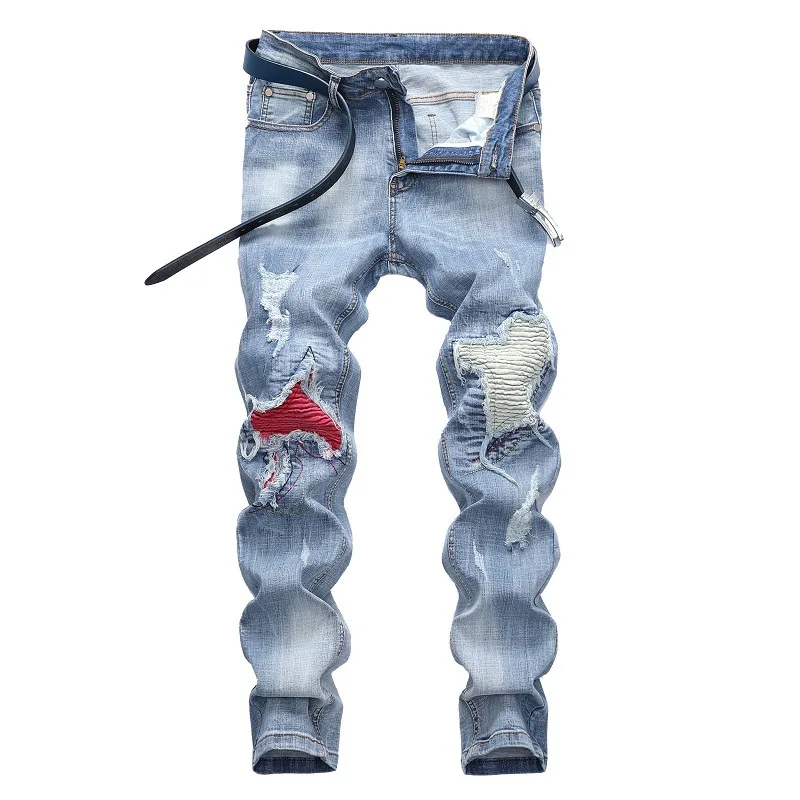 New Gigh-Quality Personality Light Blue Stretch Motorcycle Ripped Hole Trend Men's Jeans
New Gigh-Quality Personality Light Blue Stretch Motorcycle Ripped Hole Trend Men's Jeans