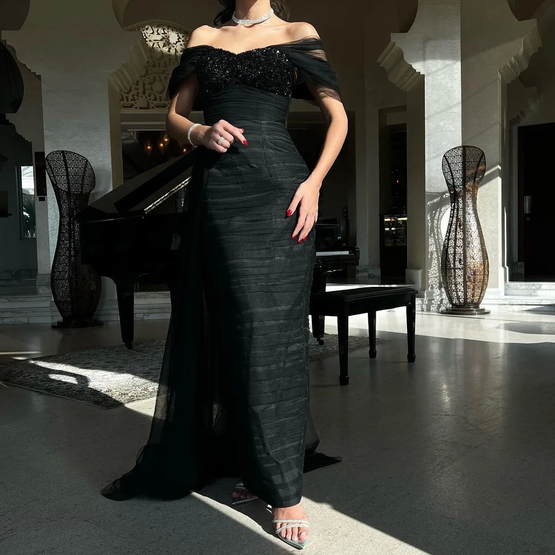 Dubai Black Beading Crystal Mermaid Evening Dresses Off the Shoulder Pleat Ruched A-Line Party Saudi Arabic Women Prom Gowns 
Dubai Black Beading Crystal Mermaid Evening Dresses Off the Shoulder Pleat Ruched A-Line Party Saudi Arabic Women Prom Gowns