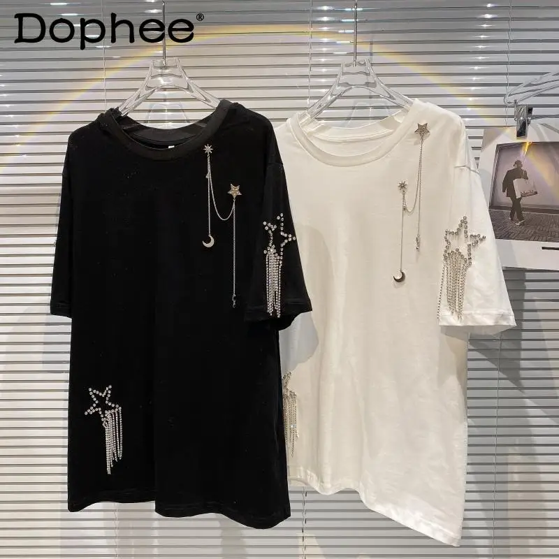 2022 Summer New Rhinestone Tassel Shiny Round Neck Loose Short Sleeves T-shirt Women's Casual Cotton Tshirt Female Tops Tee
2022 Summer New Rhinestone Tassel Shiny Round Neck Loose Short Sleeves T-shirt Women's Casual Cotton Tshirt Female Tops Tee