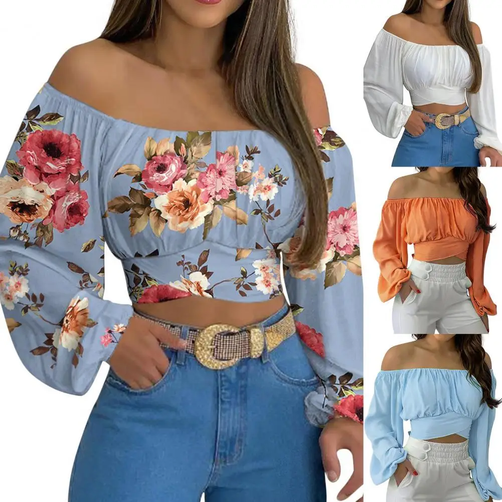 Flower Print Cross Strap Exposed Navel Women Blouse Off Shoulder Lantern Long Sleeve Pullover Top Club Wear
Flower Print Cross Strap Exposed Navel Women Blouse Off Shoulder Lantern Long Sleeve Pullover Top Club Wear
