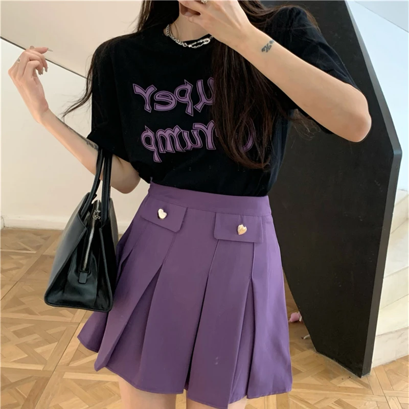 Letter Print T Shirts + High Waist Purple Pleated Mini Skirts Vintage Women Two Piece Sets Summer Korean Casual Tracksuit N201
Letter Print T Shirts + High Waist Purple Pleated Mini Skirts Vintage Women Two Piece Sets Summer Korean Casual Tracksuit N201