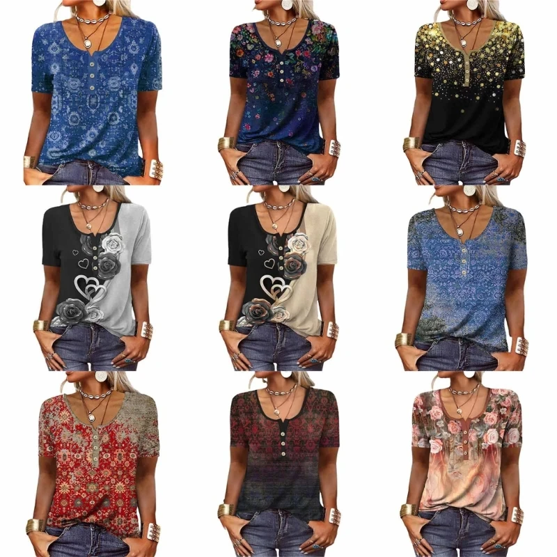 Women Short Sleeve V-Neck Button Front T-Shirt Ethnic Style Floral Print Blouses 10CE
Women Short Sleeve V-Neck Button Front T-Shirt Ethnic Style Floral Print Blouses 10CE