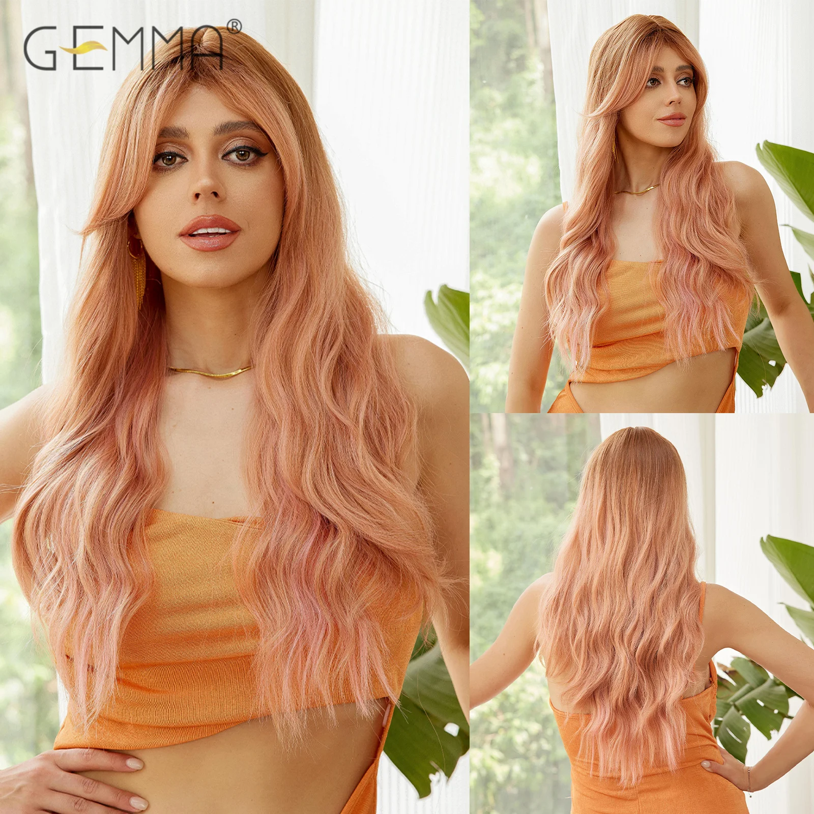 

Light Pink Ombre Long Wavy Synthetic Wig with Bangs for Black Women Natural Hair Cosplay Party Daily Wig Heat Resistant Fibre