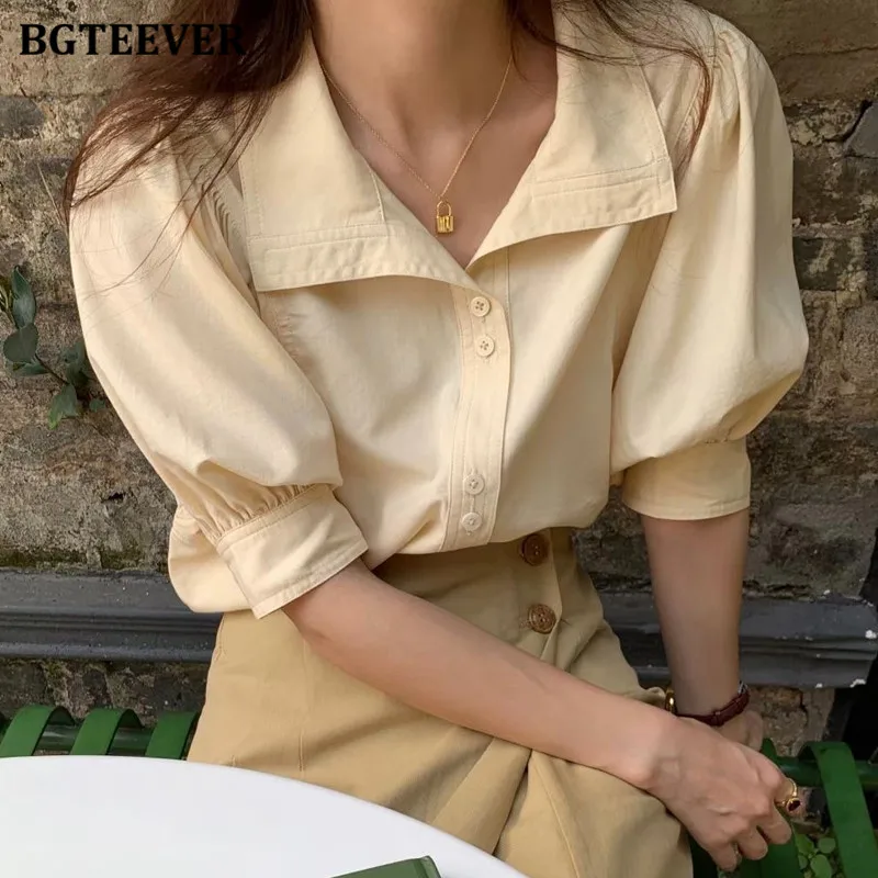 

BGTEEVER Vintage Turn-down Collar Women Shirts Tops Casual Loose Single-breasted Puff Sleeve Female Solid Blouses Summer Blusas