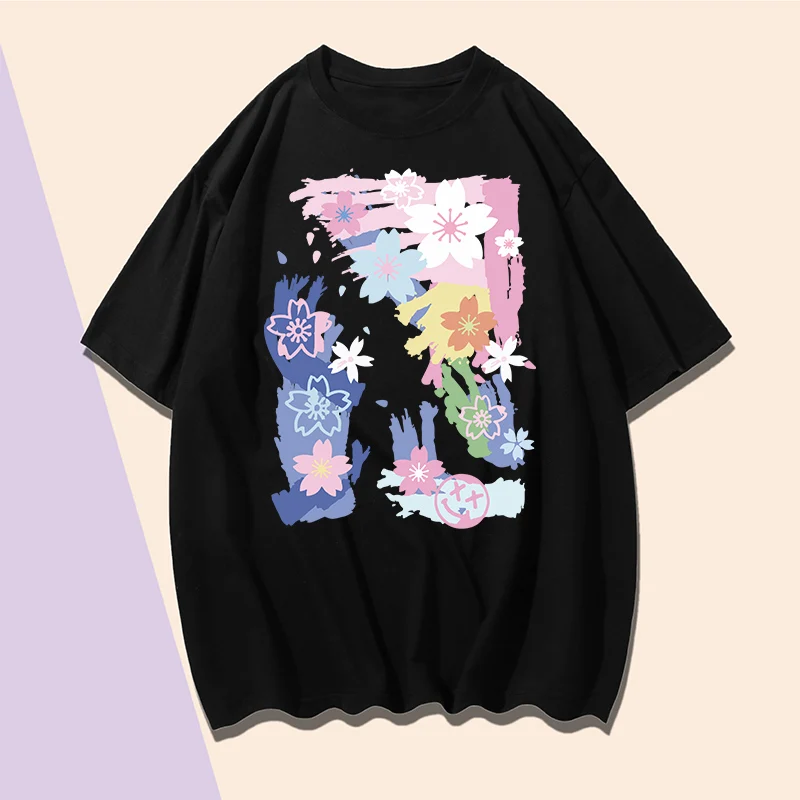 

Youthful Vitality Graffiti Flower Print T Shirts Summer Short Sleeve Man T-shirt Cotton Round Neck Black Plus Size Loose T Shirt