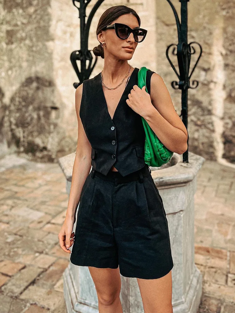 Black Linen Summer Sets Womens Outfits Single Breasted Cropped Vest Waistcoat And High Waist Shorts Two Piece Set Women Clothing
Black Linen Summer Sets Womens Outfits Single Breasted Cropped Vest Waistcoat And High Waist Shorts Two Piece Set Women Clothing