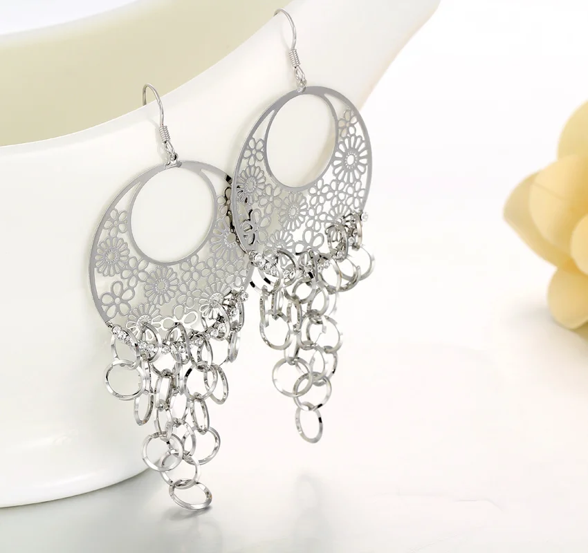 Black or White Big Filligree Disc Charms Multi Circles Linked Drop Chandelier Dangle Long Earrings For Women Girls Jewelry Aros | Украшения
