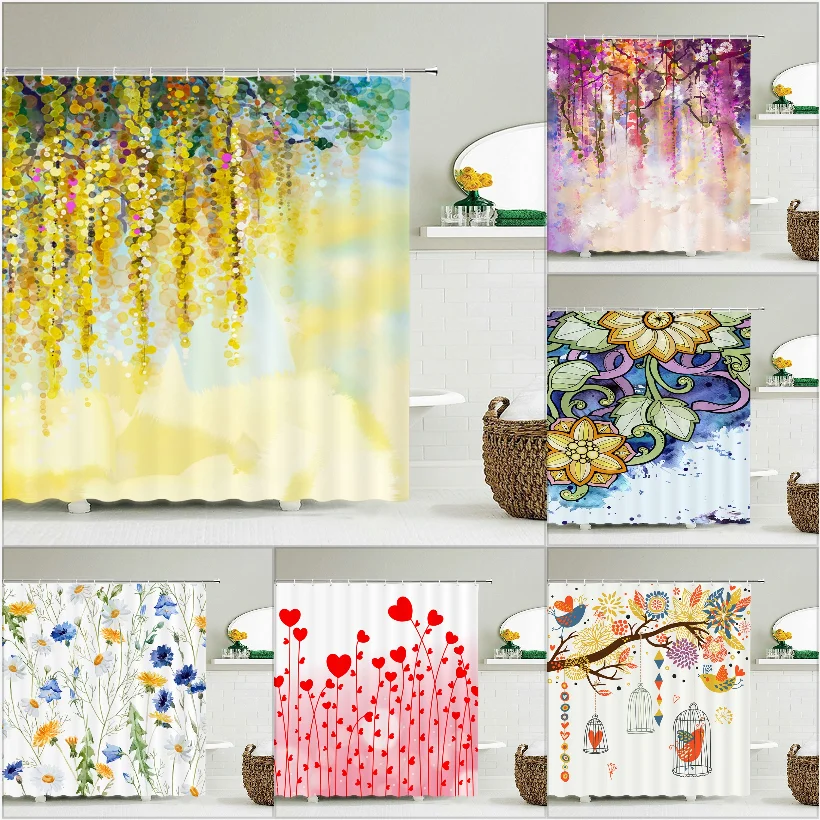

Занавеска для душа с цветами и растениями, s Акварельная декоративная штора из полиэстера для ванной комнаты, с цветочным рисунком