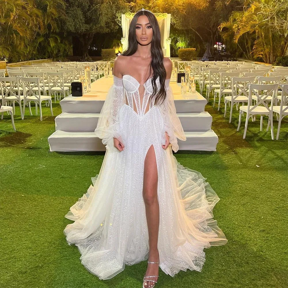 Sparkly Dotted Tulle Wedding Dresses Sweetheart Puff Long Sleeves High Side Split A-Line Princess Wedding Gowns robe de mariée
Sparkly Dotted Tulle Wedding Dresses Sweetheart Puff Long Sleeves High Side Split A-Line Princess Wedding Gowns robe de mariée