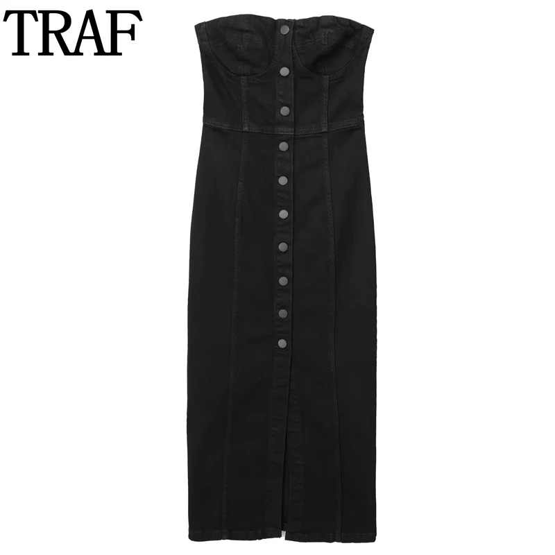 

TRAF 2023 Black Long Dresses For Women Sleeveless Corset Denim Dress Woman Backless Sexy Midi Dresses Summer Slit Casual Dresses