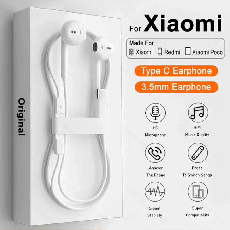 

Original Type C Wired Headphone For Xiaomi Mi 13 12 11 Pro Ultra Lite 3.5MM Earphone Redmi Poco Huawei Samsung Earbud Headset