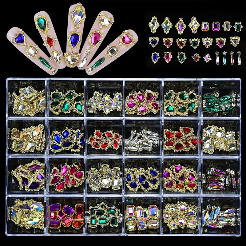 

24Style*5/10PC 3D NAIL Alloy Germ Rhinestone Jewelry Charms Heart/Rose DIY 1Box Decorations For Nails Supplies Accessories