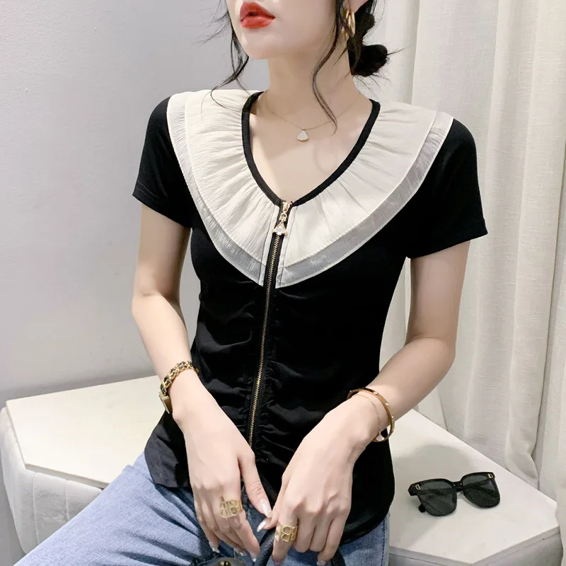 #6758 Summer Spliced Color V-Neck Zipper Short T Shirt Women Korean Fashion Asymmetrical Women's T-shirt Elastic Cotton Sexy
#6758 Summer Spliced Color V-Neck Zipper Short T Shirt Women Korean Fashion Asymmetrical Women's T-shirt Elastic Cotton Sexy