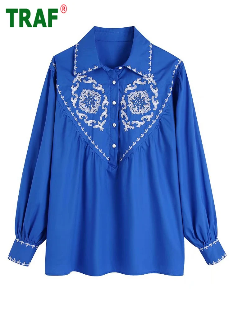 TRAF Blue Embroidery Women Shirt Collared Oversized Shirt Women Long Sleeve Contrast Blouses Women Summer Button Up Shirts Woman 
TRAF Blue Embroidery Women Shirt Collared Oversized Shirt Women Long Sleeve Contrast Blouses Women Summer Button Up Shirts Woman