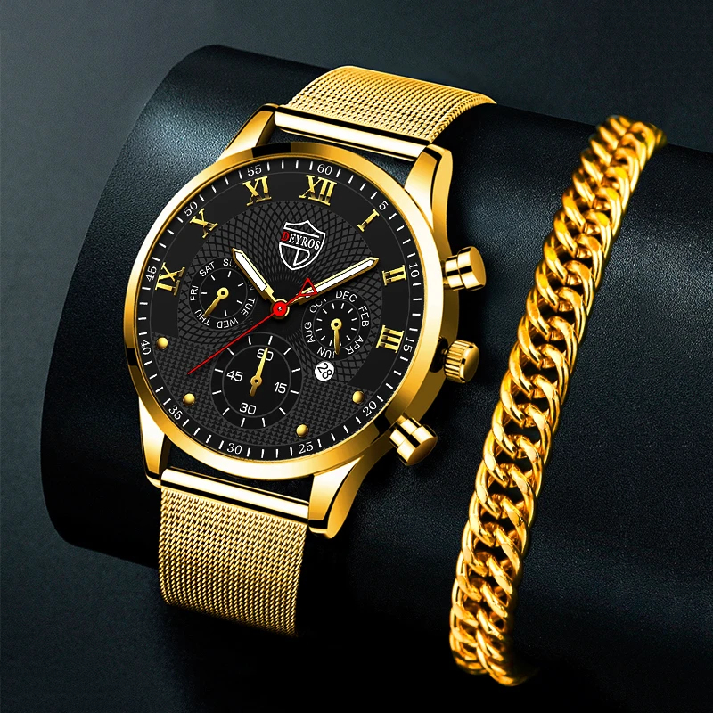 

Часы наручные мужские кварцевые, модные деловые, с золотым браслетом, с сетчатым ремешком из нержавеющей стали, повседневные светящиеся