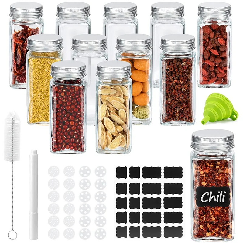 

Spice Jars Set with Lids - 12 Spice Shakers - 120 Ml Square Glass Spice Container for Storing Spices