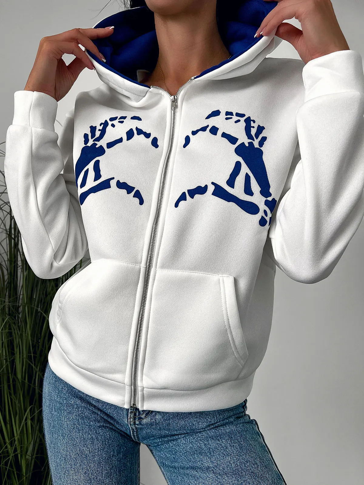 

ZAFUL Skeleton Hands Zip Fleece Hoodie Women Fleece Lined Casual Top Spring Autumn Hooded Jacket Coat