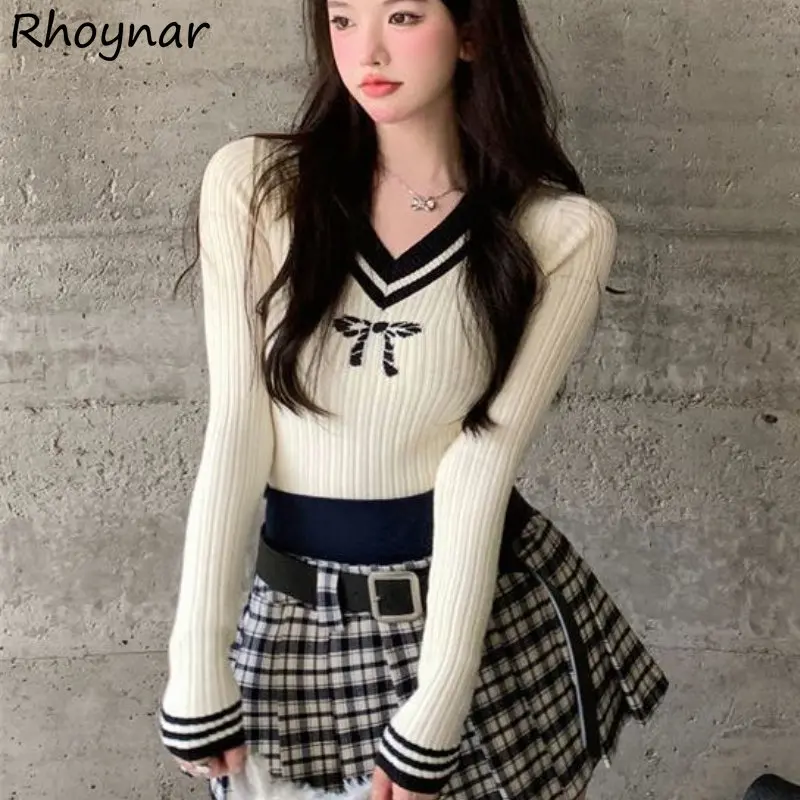 White Slim Pullovers Women Hotsweet V-neck Sexy Temper Panelled Print Designer Knit Свитер Женский Korean Fashion Gentle Cropped 
White Slim Pullovers Women Hotsweet V-neck Sexy Temper Panelled Print Designer Knit Свитер Женский Korean Fashion Gentle Cropped