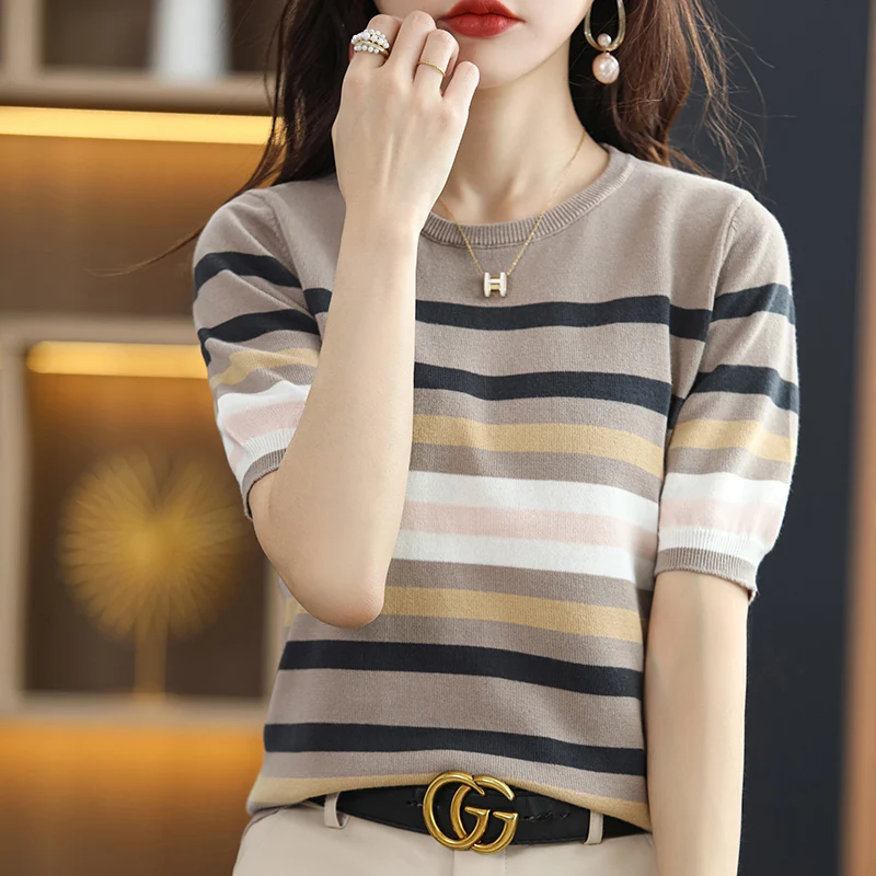 Summer New Women's Pullover Short Sleeve Combed Cotton Round Neck Stripe Fashion Casual T-Shirt Top
Summer New Women's Pullover Short Sleeve Combed Cotton Round Neck Stripe Fashion Casual T-Shirt Top