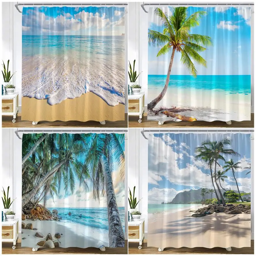 

Ocean Beach Shower Curtains Island Seaside Coconut Trees Sea Waves Nature Scenery Bath Curtain Polyester Bathroom Decor Hooks