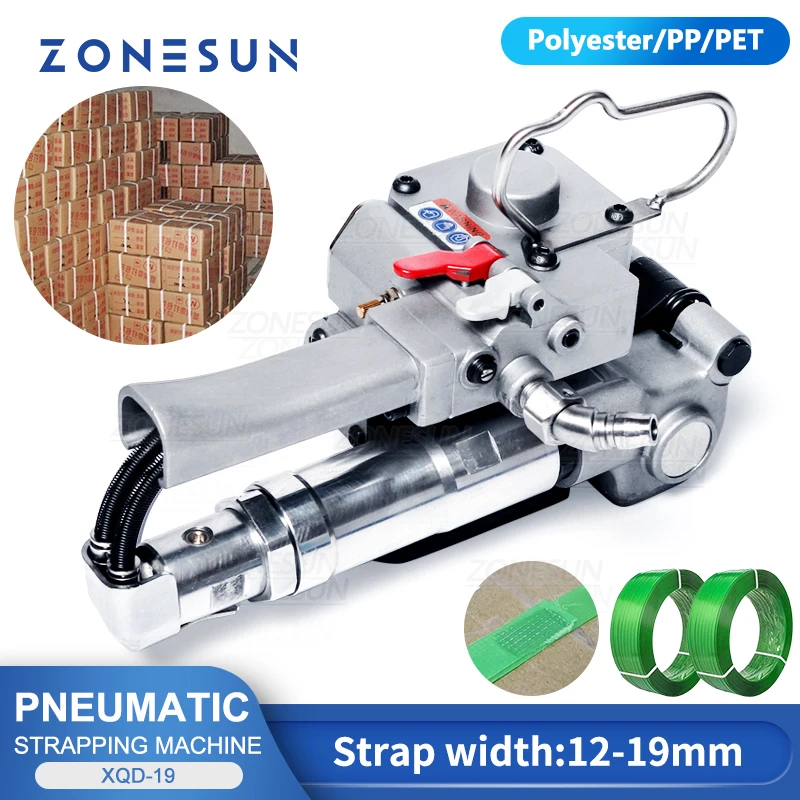

ZONESUN Pneumatic PET Strapping Wrapping Machine Baler Portable Banding Tool Packing 12-19mm PP Plastic Seal Packer AQD-19
