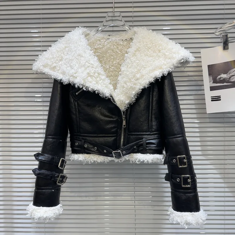 

PREPOMP 2023 зимняя новая коллекция искусственная овечья шерсть меховой воротник Pu кожаная черная куртка женское теплое пальто GM199