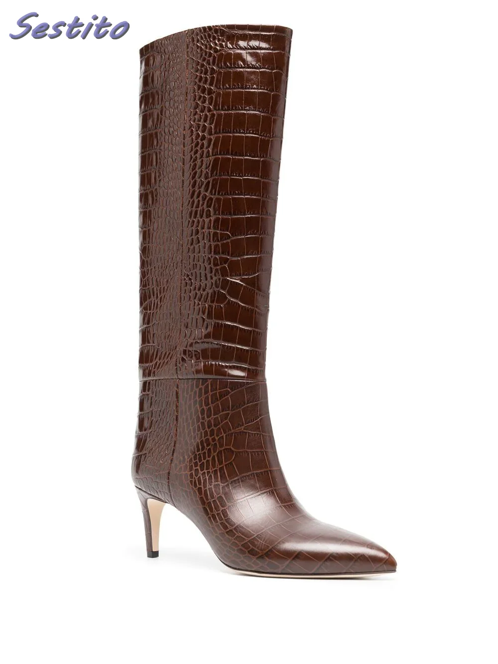 

Croc Print Pointed Toe Knee-High Boots Stiletto Mid Heel Chocolate-brown Leather Solid Women Shoes Fashion Autumn Winter Newest