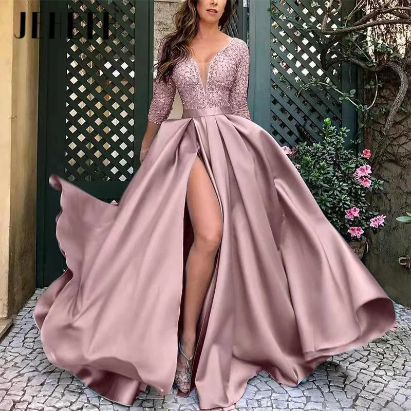 JEHETH Sexy Deep V Neck Evening Dress For Women Long Sleeve Beading Satin Formal Gown High Split A-Line Floor Length 2023
JEHETH Sexy Deep V Neck Evening Dress For Women Long Sleeve Beading Satin Formal Gown High Split A-Line Floor Length 2023