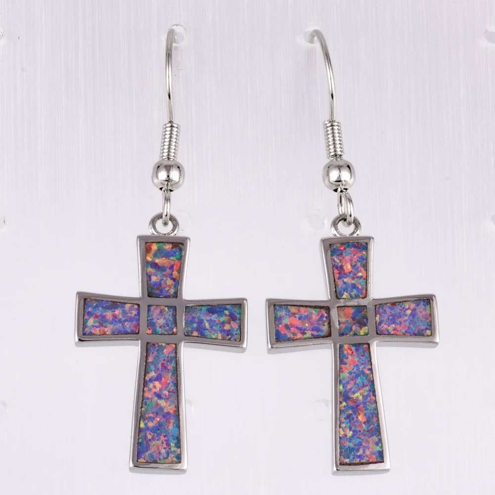 

KONGMOON Latin Cross Lavender Purple Fire Opal Silver Plated Jewelry for Women Dangle Drop Earrings