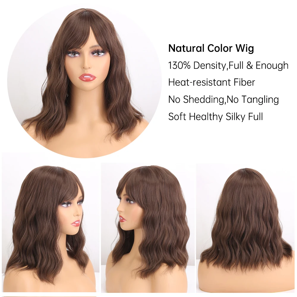 

Medium Wavy Synthetic Wig With Bangs For Women 14Inch Black/Brown/Pink Short Bob Wig Daily Party Use Natural Looking Cosplay Wig