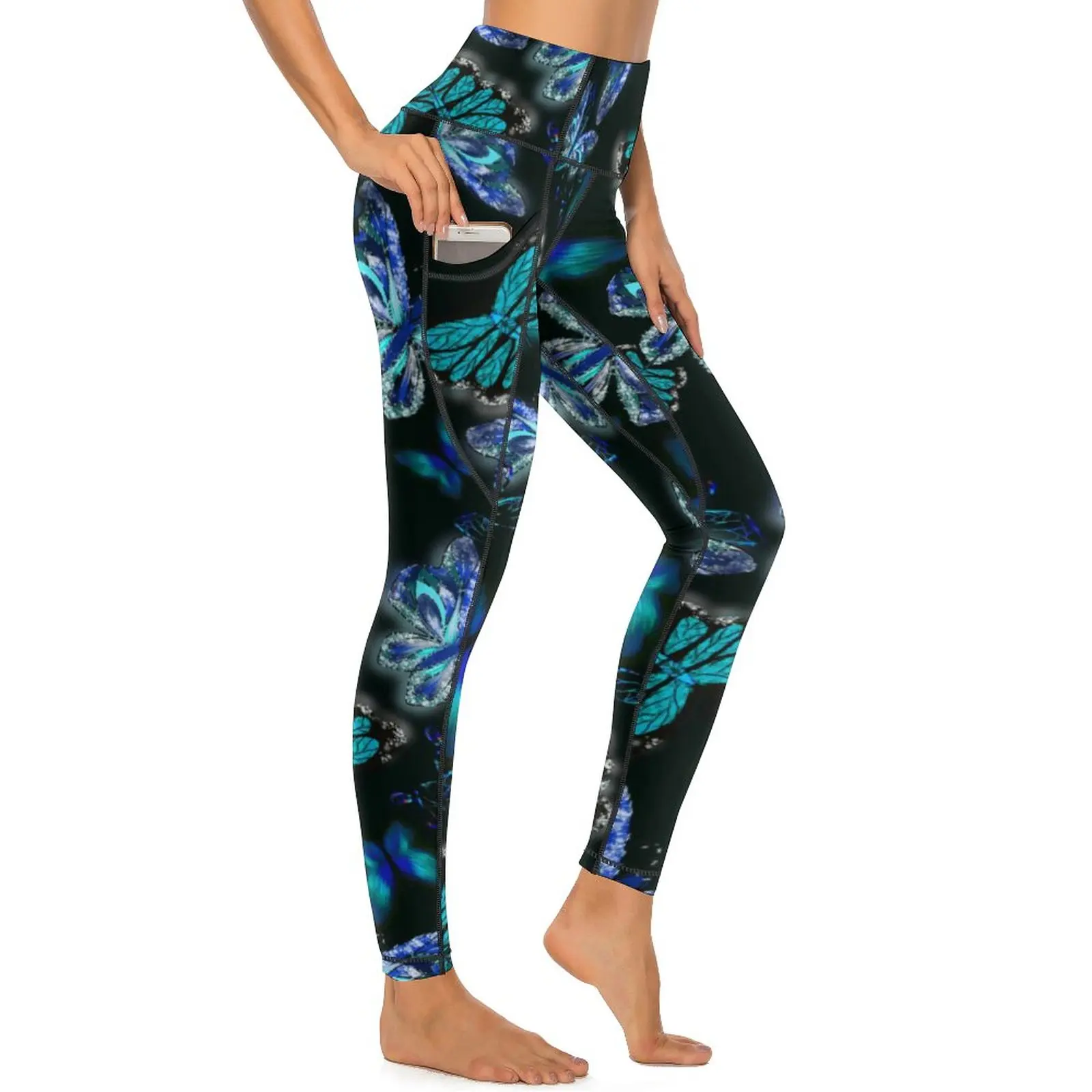 

Sparkly Blue Butterfly Leggings Sexy Butterflies Print Running Yoga Pants Push Up Sports Tights With Pockets Female Cute Leggins