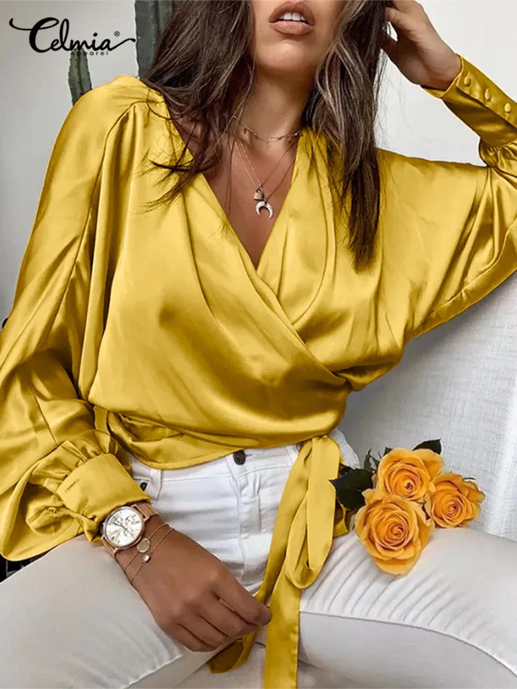 Фото Женская атласная блузка Celmia Осенние сексуальные элегантные рубашки с V-образным