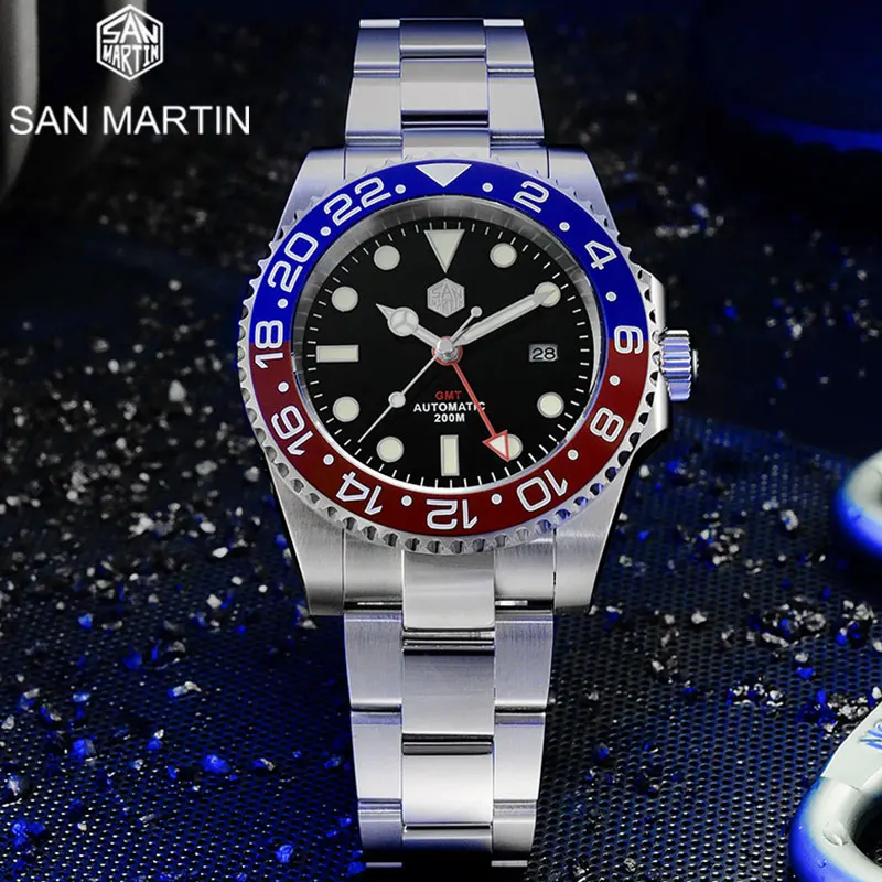 

Автоматические Мужские механические часы San Martin GMT дайвер с керамической рамкой и сапфировым стеклом 20 бар водонепроницаемые светящиеся мужские часы