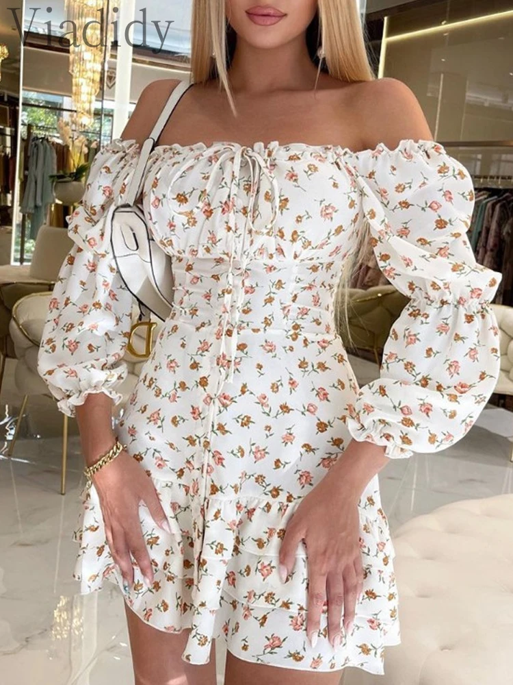 Women Sexy Off Shoulder Ruffle Hem Floral Print Dress 
Women Sexy Off Shoulder Ruffle Hem Floral Print Dress