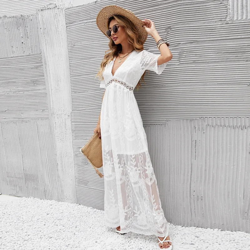 Lace Up Elegant Dresses For Women Sexy V-Neck Patchwork Short Sleeve White Long Midi Party Dresses Beach Sundress
Lace Up Elegant Dresses For Women Sexy V-Neck Patchwork Short Sleeve White Long Midi Party Dresses Beach Sundress