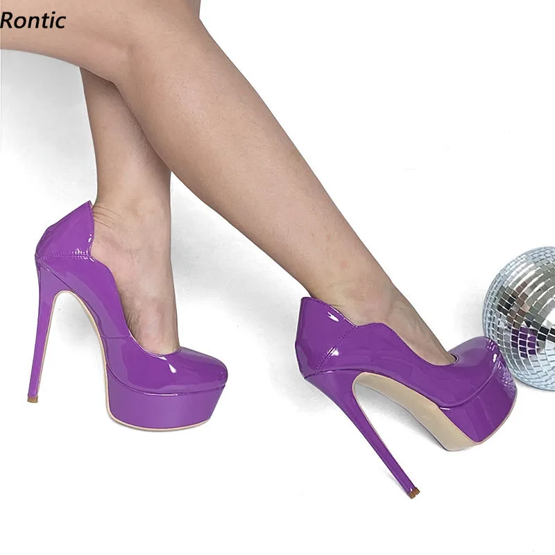 

Rontic 2021 Handmade Women Platform Pumps Patent Leather Stiletto Heels Round Toe Gorgeous Purple Dress Shoes Women US Size 5-20