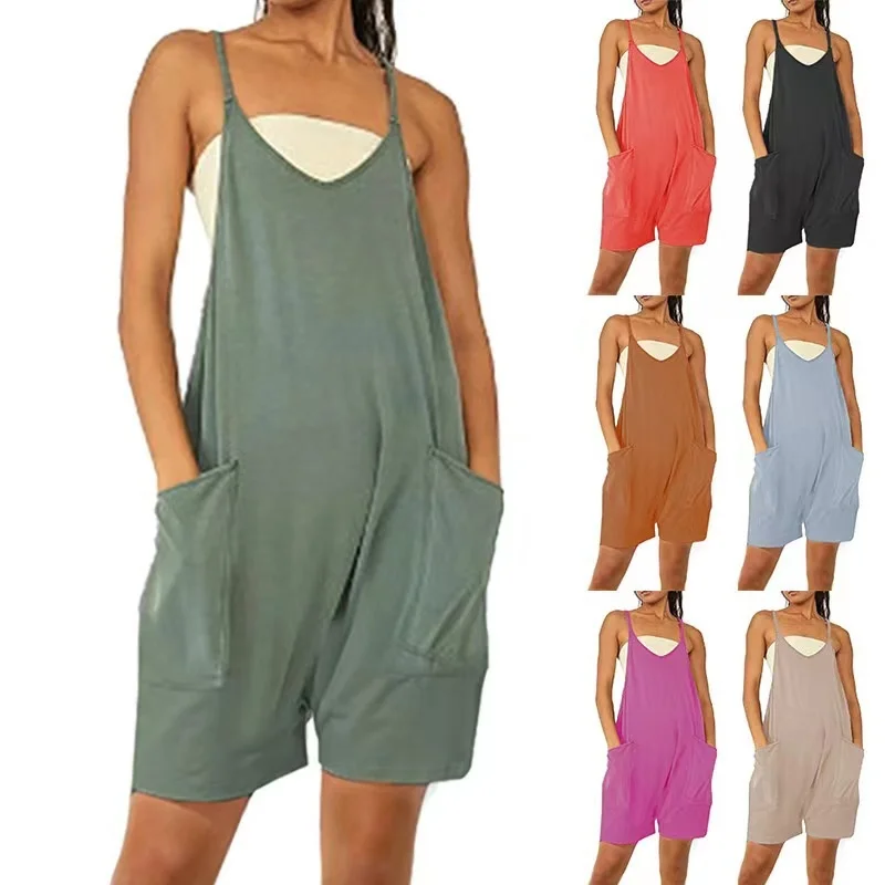 

Summer Playsuits Rompers Women Casual Solid Strappy Pockets Wide Leg Overalls Loose Shorts Jumpsuits One Piece Outfit Homewear