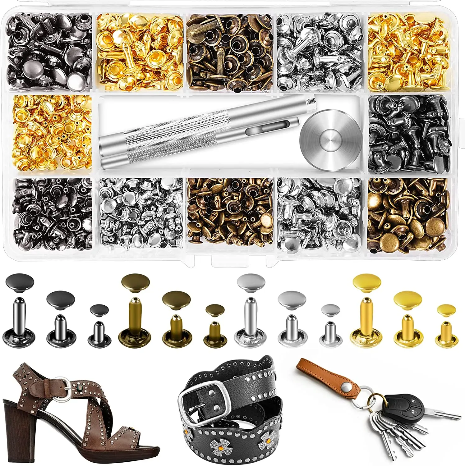 

240/420 Sets Leather Rivets Kit, Double Cap Brass Rivets Leather Studs with 3PCS Setting Tools for Crafts, 4 Colors and 3 Sizes