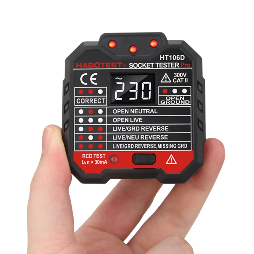 HT106 Digital Socket Tester Smart Voltage Detector RCD GFCI NCV Test Large display Outlet checker EU US Plug Ground Zero Line
HT106 Digital Socket Tester Smart Voltage Detector RCD GFCI NCV Test Large display Outlet checker EU US Plug Ground Zero Line